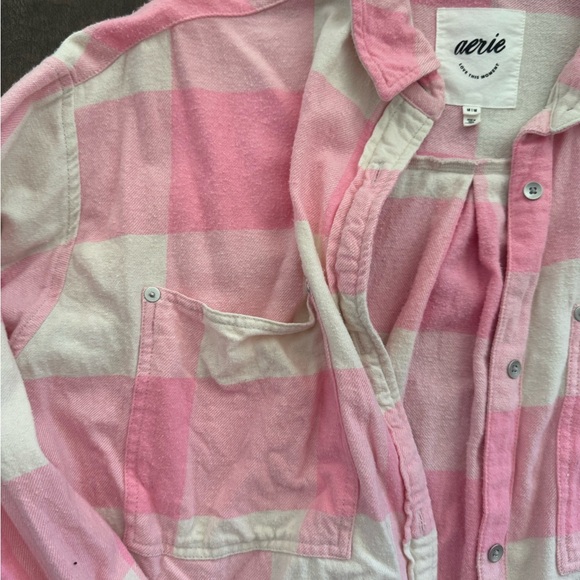 Aerie Pink and White Plaid flannel Button-Up Shirt - Picture 3 of 5